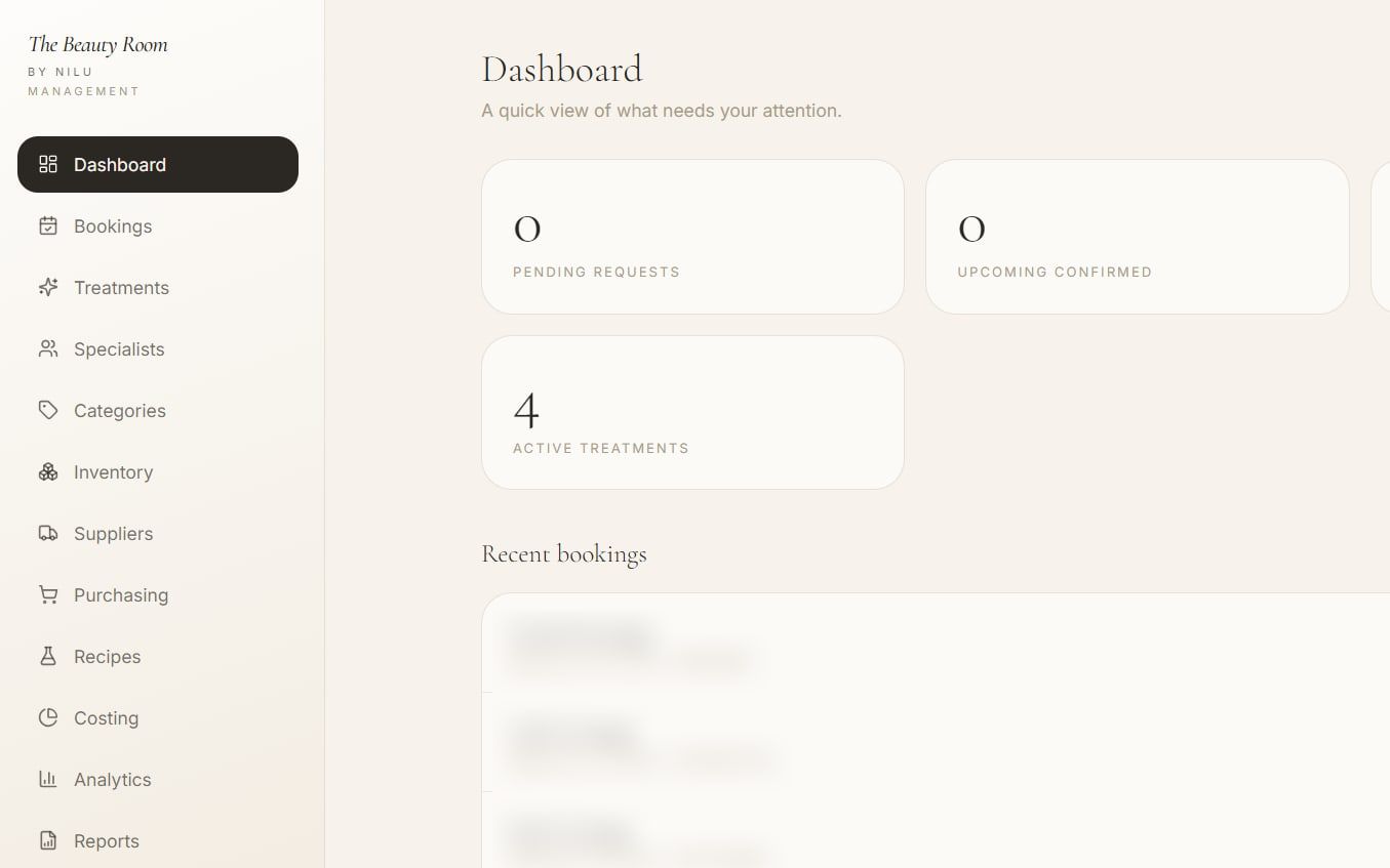 The Beauty Room's management dashboard: bookings, treatments, specialists, inventory, suppliers, purchasing, recipes, costing, analytics and reports, with customer details blurred.