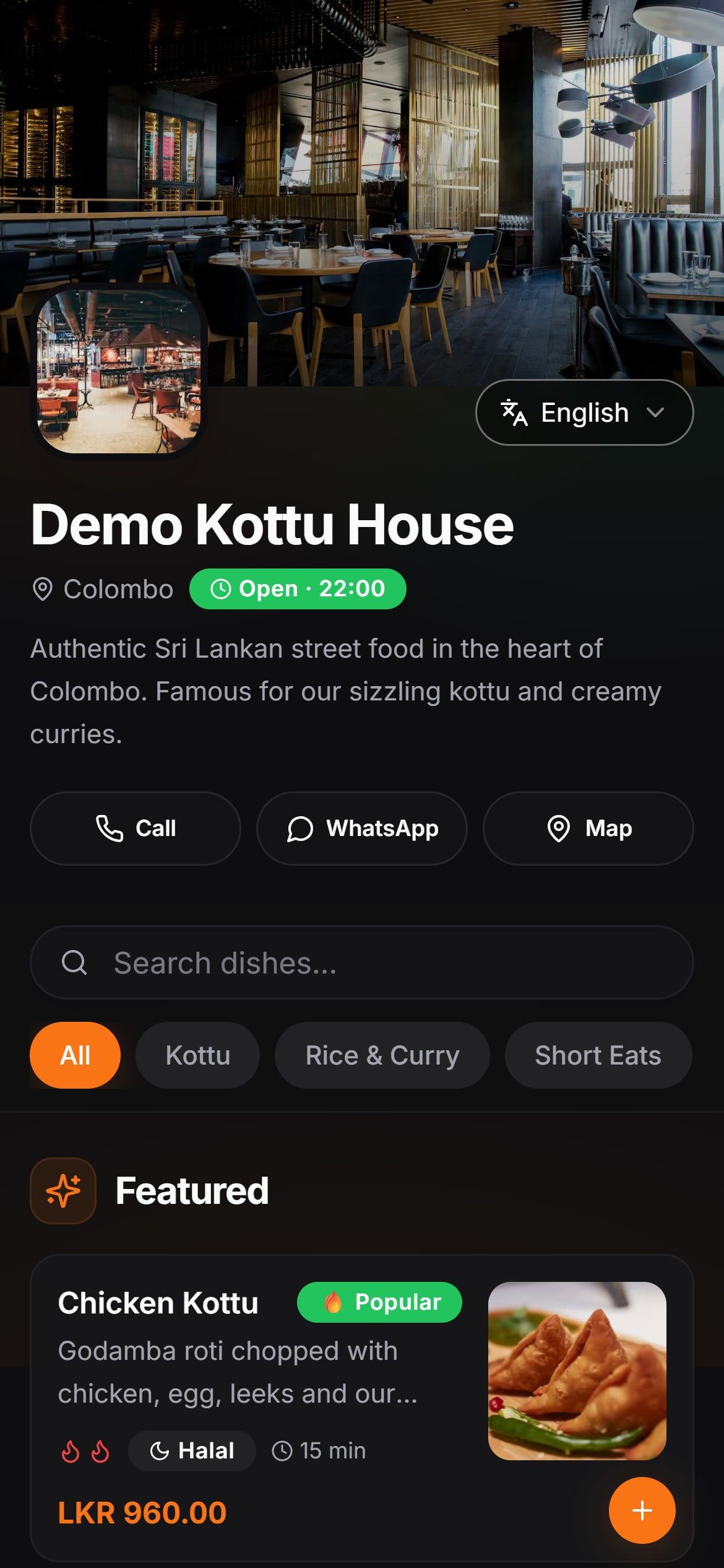 MenuQR Lanka's live demo menu for a sample restaurant, with search, categories and featured dishes.