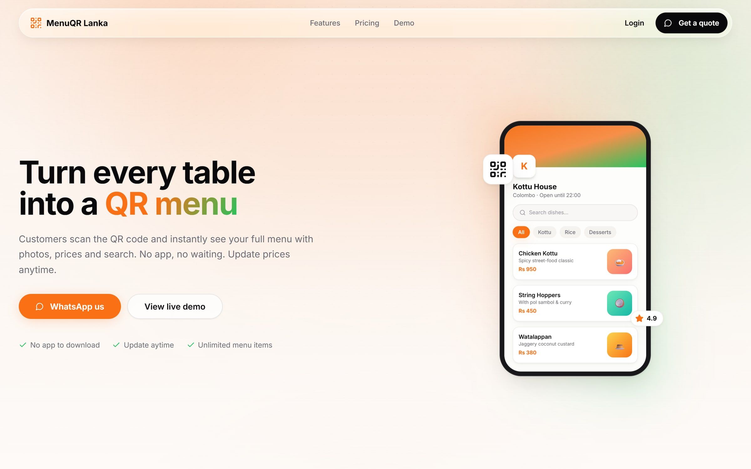 The MenuQR Lanka home page: “Turn every table into a QR menu”, beside a phone showing a sample menu.