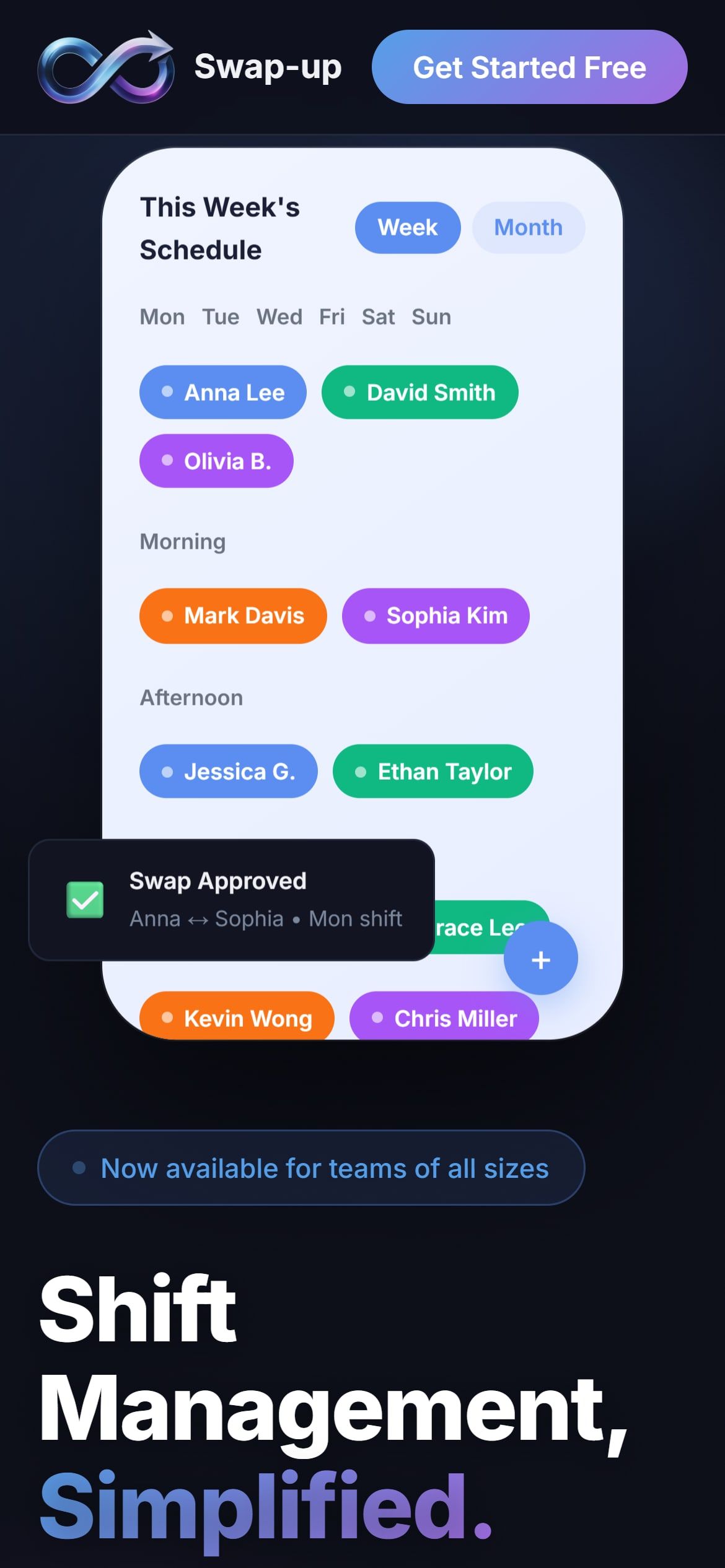 The SwapUP site on a phone, showing the weekly shift schedule.
