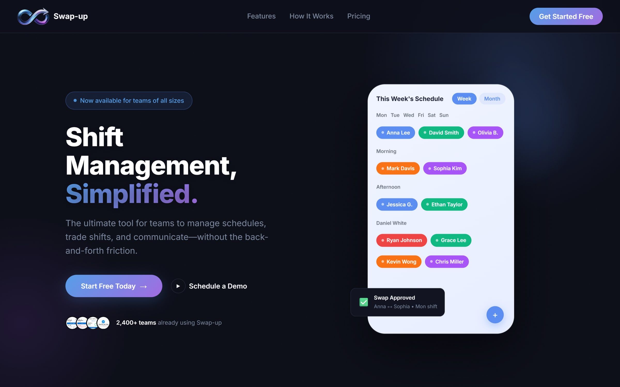 The SwapUP home page: “Shift Management, Simplified.”, beside a weekly shift schedule with a swap approved.